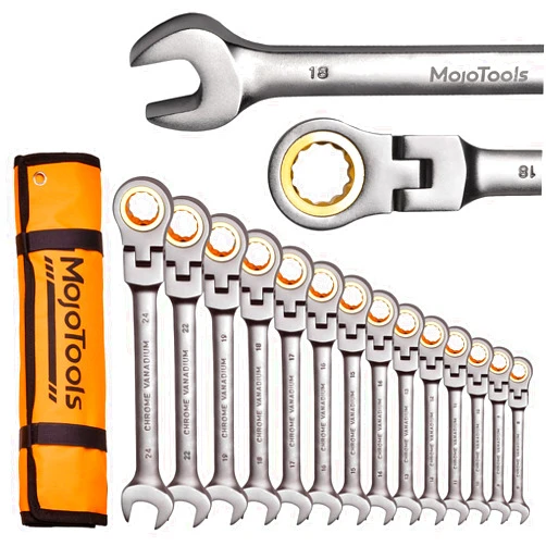 MoJoTools 23-Piece Flex-Head Ratcheting Combination Wrench Set-Includes 14PCS Metric 8-24mm Flex-Head Ratcheting Wrench Set,9PCS Allen Wrenches-72-Teeth,Cr-V Constructed,Nickel Plated,Organizer Bag