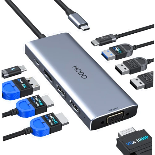 HODO USB C Docking Station Dual Monitor Adapter for Dell HP, Laptop Docking Station 3 Monitors Quad Display USB C Hub Dongle to 2 HDMI 4K,DP 8K, VGA,4 USB,PD,USB C Adapter 9 in 1 USB C Dock for Lenovo