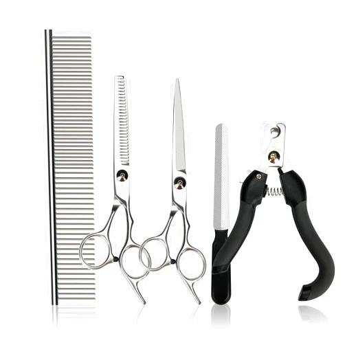 Hansprou 5 in 1 Stainless Steel Dog Scissors Grooming kit, Pet Grooming Scissor with Grooming Comb, Nail Clippers, and Nail File for Dogs, Cats, and Other Animals