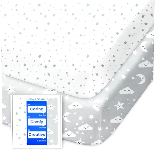 TOTBASIC Pack and Play Sheets Fitted, TotBasic Buttery Soft Portable Crib Sheets, Compatible with Graco Pack n Play Playard Crib & Other 27 x 39 Inch Playpen Mattress, 2 Pack Playard Sheets(Grey Stars & Moon)