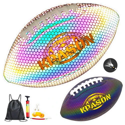 KPASON Football, Holographic Reflective Glowing Footballs with Pump for Kids, Teens and Adults - Synthetic Leather Outdoor All-Weather Footballs