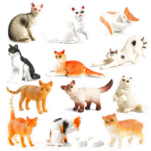 Mini Tudou 12PCS Cat Figurines Set, Realistic Cat Figure Toy Set with Food Bowl,Educational Kitten Toys,Multicolor Cat Animal Figurines Toys Cake Topper Christmas Birthday Toy for Kids Boys Girls