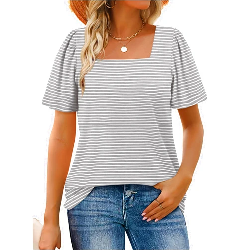WIHOLL Womens Summer Tops Casual Square Neck Puff Short Sleeve T Shirts