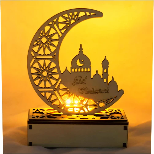 Qoyntuer Ramadan Decorations Night Light Wooden LED Eid Mubarak Crafts Decorations Night Light, Wood Carving DIY Ramadan Lights Ornaments for Muslims Islamic Family Home Decor (Moon)