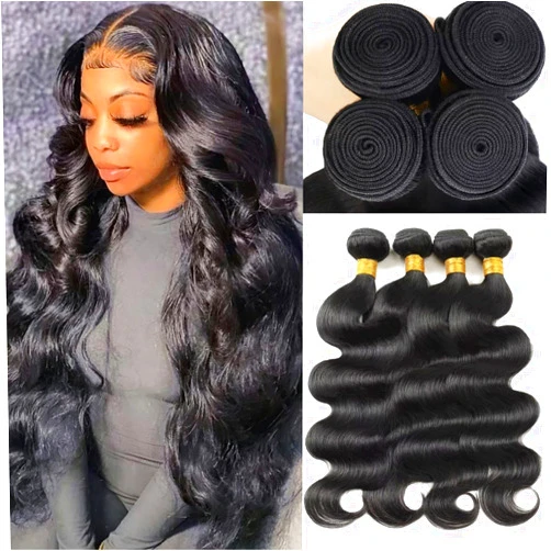 Miminis 12A Human Hair Bundles 18-24 Inch Body Wave Brazilian Virgin Weave 4 Bundles Real Natural Black Wavy Women's Hair Extensions