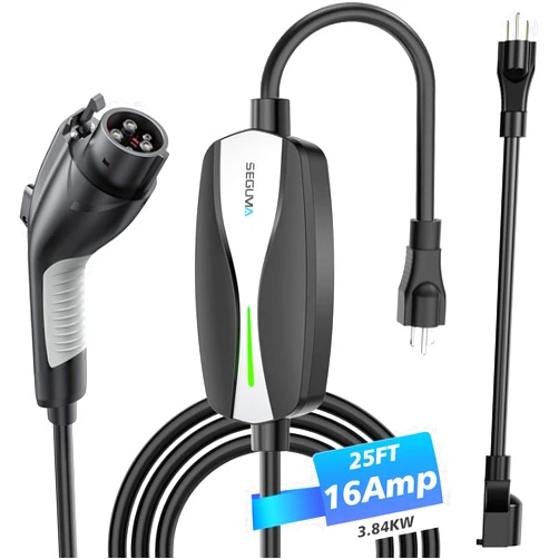 SEGUMA Level 1/2 EV Charger, 16Amp Electric Car Charger Portable EV Charger 25FT Cable with NEMA 6-20 Plug and NEMA 5-15 Adapter, Home Mobile EV Charging Station for J1772 BEVs/PHEVs 110V-240V(Black)