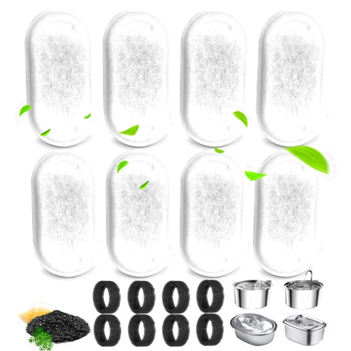 Petilog Cat Water Fountain Filters for 108/3.2L& 67oz/2L Stainless Steel Pet Water Dispenser Fountain Filter Replacement with 8 Sponges (8 Filters&8 Sponges)