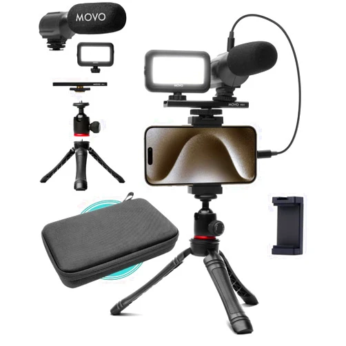 Movo USB-C Vlogging Kit for iPhone 15/16 - Phone Video Kit Accessories: Phone Tripod, Phone Mount, LED Light and Shotgun Microphone - Youtube Starter Kit for Content Creation, TikTok, Podcasts