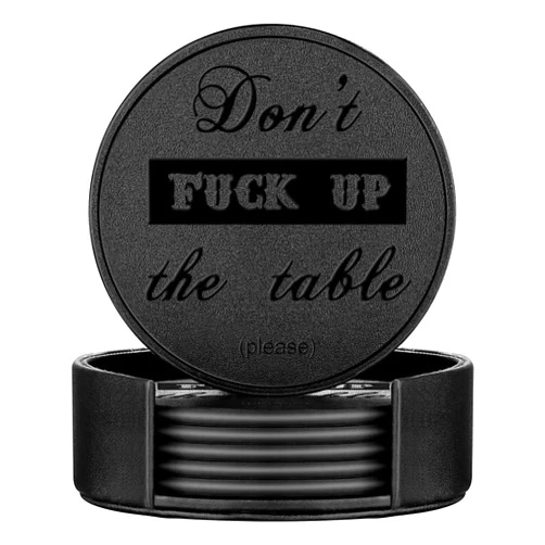 Thipoten Funny Coasters, Thipoten 6 Pcs Leather Coasters with Holder, Perfect Housewarming Hostess Gifts, Protect Furniture from Water Marks Scratch and Damage(6Pcs, Black)