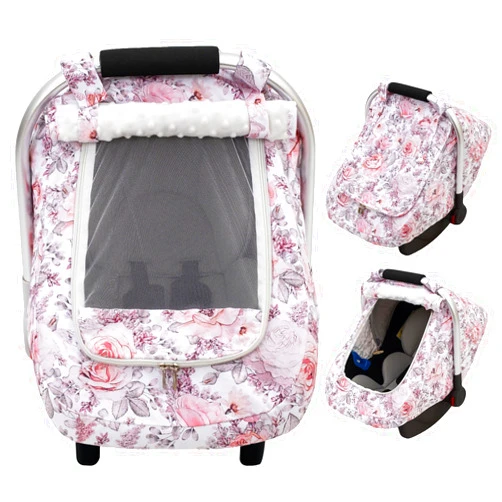 THE KENKYO Car Seat Cover Baby Girls, Mink Dot Carseat Covers for Newborn with Breathable Mesh and Sun Shade Window, Warm Stretchy Infant Car Seat Canopy Snug Fit Baby Carrier, Stroller