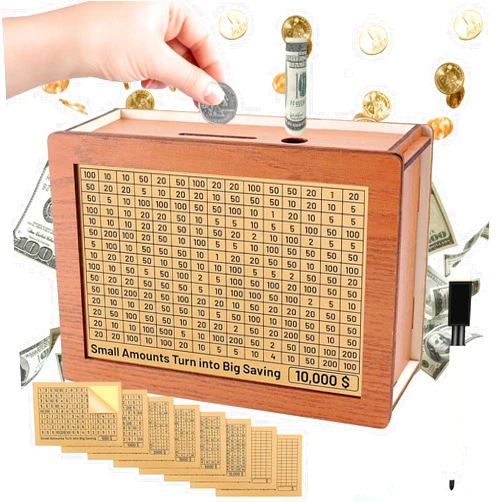 CeyMlem Cash Vault Wooden Savings Box, Wooden Cash Saver Money Box with 10000 Dollars Target and Numbers, Coin Counter Piggy Bank with Marker Pen for Boys Girls(10000 USD)