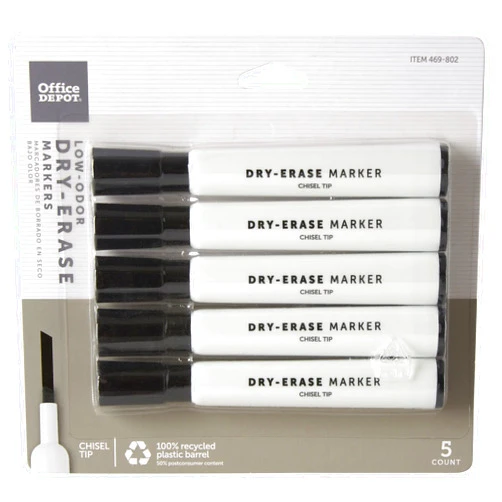 Office Depot 100% Recycled Low-Odor Dry-Erase Markers, Chisel Point, Black, Pack Of 4, BY106608-4BK
