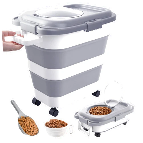 DDMOMMY 25-28 Lbs Dog Food Storage Container, Collapsible Dog Food Container with Airtight Lids, Wheels, Handle, Large Pet food storage Container with Dog Food Scoop,Dog Food Bowl for Dog Cat