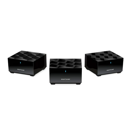 NETGEAR Nighthawk Tri-Band Whole Home Mesh WiFi 6 System (MK73S) – Router + 2 Satellite Extenders - 3Gbps Speed - Coverage up to 4,500 sq. ft., 25 Devices - Includes 1-Year Armor – AX3000 802.11ax