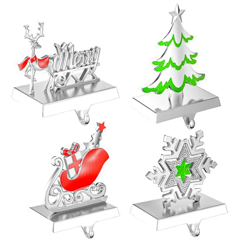Homyplaza Christmas Stocking Holders for Mantle Set of 4 Stocking Hangers Silver and Red Weighted Stocking Holder Stand Fireplace Christmas Decoration