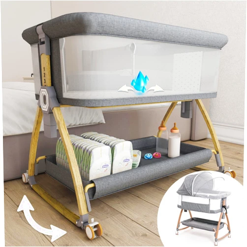 Earth&ME Baby Rocking Bassinet Bedside Sleeper - All Mesh Portable Bedside Crib for Safe Co-Sleeping, Storage Basket and Wheels, Adjustable Height, includes Travel Bag, Mosquito Net (Wooden Gray)