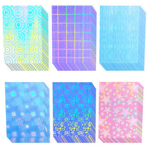 Clabby 36 Sheets Holographic Sticker Paper Clear A4 Vinyl Sticker Paper Self Adhesive Waterproof Transparent Film Gem Rainbow Star Patterns, 11.7 x 8.3 Inch (Line,Lattice,Firework,Gear,Flower,Pentagram)