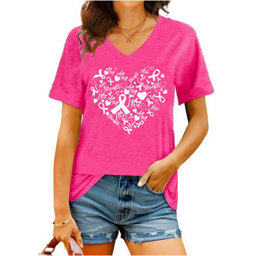 ELDPS Breast Cancer Shirt for Women: Pink Ribbon T-Shirt Breast Cancer Awareness Short Sleeve V-Neck Tee Top