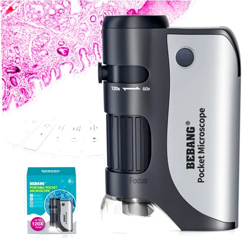 BEBANG Pocket Microscope,60X-120X Handheld Mini Microscope for Kids with LED Lighted Zoom, Portable Microscope Kits with 5 Pcs Slides for Adults Microbiological Observation Preschool Home Study Gifts