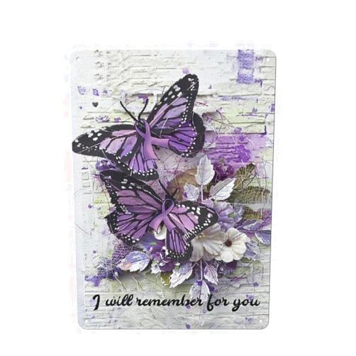 AMGYDVF Rustic Metal Tin Sign I Will Remember for You Alzheimer Awareness Purple Ribbon and Butterfly Novelty Funny Wall Decor Decorative for Home Bedroom Kitchen Bar Cafe Office 8x12 Inch