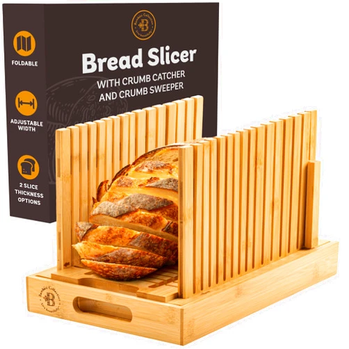 Bambüsi Bread Slicer for Homemade Bread - Adjustable Width Bread Cutter for Cakes, Bagels, Loaves - Bamboo Bread Accessories Manual Cutting Guide and Crumb Tray - Kitchen Gadgets & Gifts (Knife Not Included)
