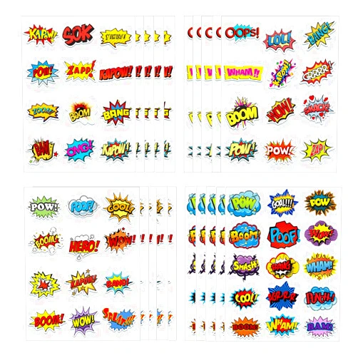 Anprola Super-hero Temporary Tattoos Stickers for Kids 20 Sheet Boom Letter Sign Cutout Party Favors Decoration Supplies for Girls Boys Gifts Classroom School Prizes Rewards Goodie Bag Fillers