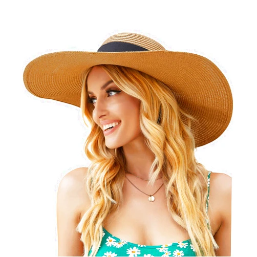Pleneal Beach Sun Hats for Women, Wide Brim Straw Hats with Adjustable Band, UPF 50+ Summer Foldable Roll up Hat