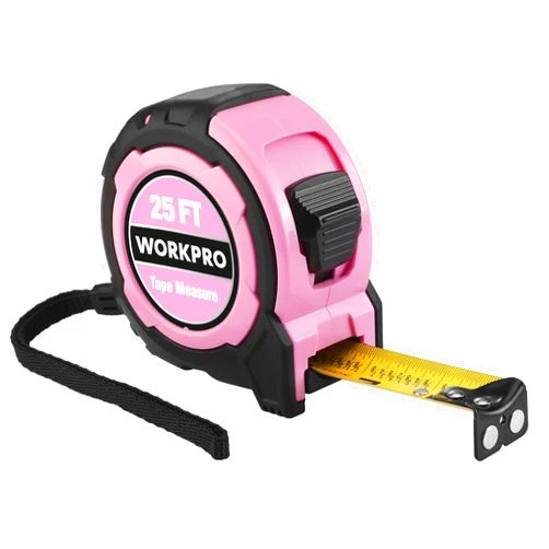 WORKPRO 25FT Pink Tape Measure, 1/8 Fractions Easy Read Measuring Tape, Retractable Nylon Coating Measurement Tape Accuracy 1/32, Magnetic Hook, Belt Clip, Rubber Protective Casing