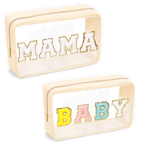 Izuzta 2 Pcs Chenille Letter Clear Makeup Bag Mama Baby Pouch, Mama Baby Hospital Duffle Bag Clear Diaper Bag Organizing Pouches with Zipper, Travel Baby Toiletry Bag Nylon Cosmetic for Women Girl(MAMA+BABY)