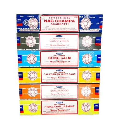 Dinil Satya Nag Champa Sandalwood White Sage Good Vibes Jasmine Being Calm - Satya Incense Sticks Assorted Set of 6 Pack (Satya Assorted Pack - 1)