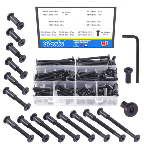 Glarks 141Pcs M6x16/ 20/25/ 30/35/ 40/45/ 50/55/ 60/65/ 70/75/ 80mm Black Hex Drive Socket Cap Bolts Kit, Countsunk Furniture Crib Bolts Nuts Screws for Chair Table Cabinets