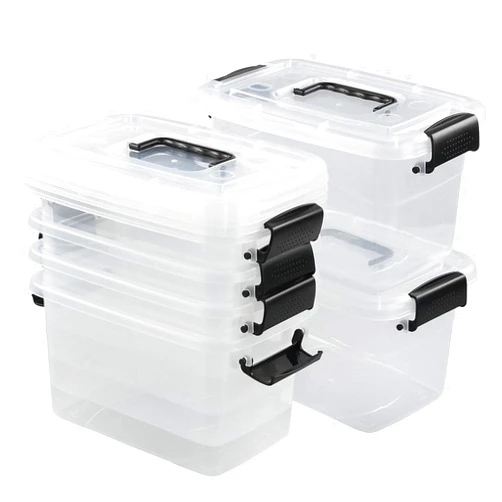 Jandson 5 Quart Clear Storage Bin, Latching Box Container with Black Handle, 6 Packs
