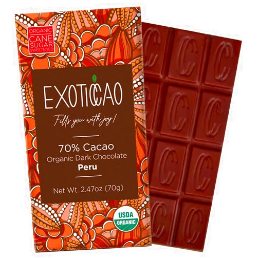 EXOTICCAO 4 Pack Organic Dark Chocolate Bars|Cane Sugar Sweetened|Gluten-Free, Vegan, Non GMO,Dairy free, Soy Free |70% Cacao|2.47 oz Each