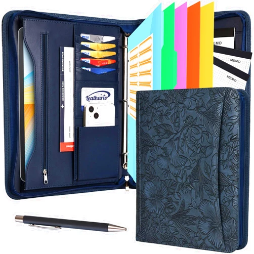Leathario Portfolio Binder, Includes 5 Folder Index Dividers and 3 Notepads, 3-Ring Folder Organizer, Padfolio with Zipper, Vegan Leather Tablet Sleeve, Business Office Conference Clipboards