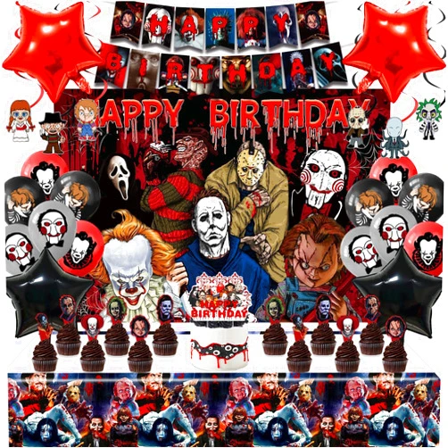 Taeku Horror Birthday Party Decorations – 50 Pcs Halloween Theme Kit with Banner, Balloons, Cake Toppers, Backdrop & Tablecloth – Scary Party Supplies for Kids & Adults