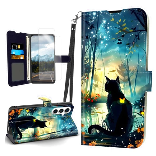 Tudguiloae for Samsung Galaxy S24 FE Case Black Cat Forest Flip PU Leather Magnetic Clasp Cell Phone Wallet for Galaxy S24 FE 5G Kickstand Shockproof Cover Wristband Card Holder Slot Soft Film