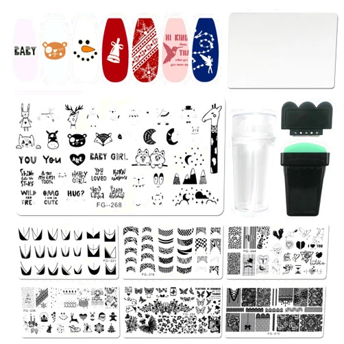 LuckForever Nail Stamper Kit 7pc Heart Butterfly Geometric Nail Stamping Plate Nail Design Stamp Template Stencil Kit with Silicone Nail Stamper Scraper French Manicure Tools for Women Girls Kids