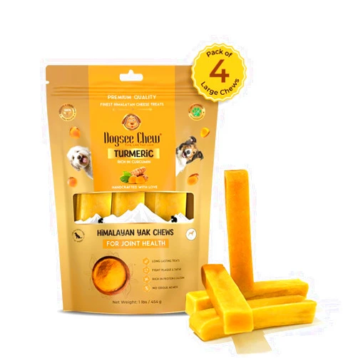 Dogsee Himalayan Yak Cheese Chews with Turmeric 1lb (Large - 4 Chews) | Hip & Joint Health Support for Dogs | Fight Plaque & Tartar | Long Lasting Dental Dog Chews