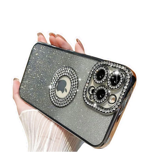 MINSCOSE Compatible with iPhone 14 Pro Max Glitter Case,Luxury Cute Sparkle Diamond Design with Bling Camera Protection Plating Logo View,Aesthetic Shockproof Bumper for Women Girls Phone Cover-Silver