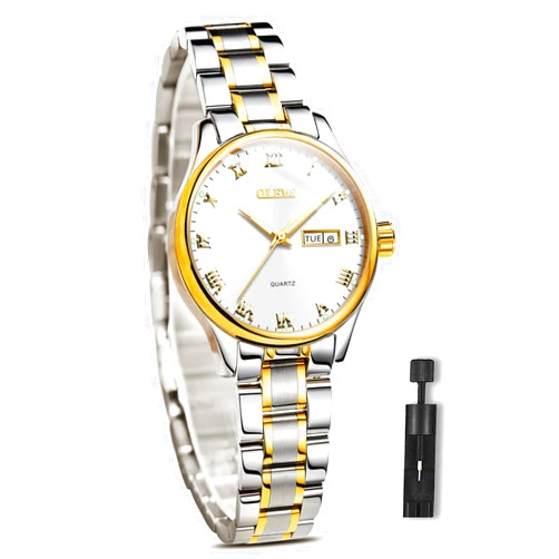 OLEVS Women Watches Date and Day,Ladies Watches with Silver Gold Stainless Steel,Elegent Female for Small Wrist Watch(White/Black/Blue/Gold Face)