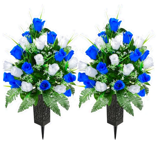 Kukooka Artificial Cemetery Flowers for Grave, Artificial Rose Memorial Flowers with Vase for Cemetery Headstones Gravesites Decoration Long-Lasting Remembrance (Dark Blue & White)