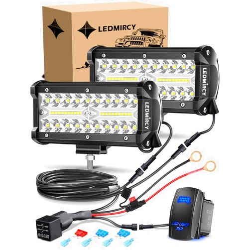 LEDMIRCY 7 Inch LED Light Bar Kit with Rocker Switch Wiring Harness 2PCS LED Pod Lights Triple Rows White Spot Flood Combo Beam Off Road Lights for Truck ATV SUV UTV Boat IP68 Waterproof