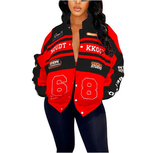 CALEBGAR Women Varsity Jacket Motorcycle Detachable Letter Graphic Racer Vintage Colorblock Baseball Coats Streetwear