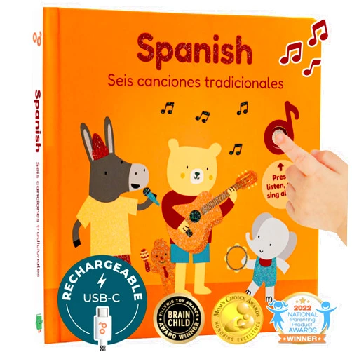 Cali's Books Spanish USB C Rechargeable Musical Book | Spanish Baby Books with 6 Songs | Libros en español para Niños y Bebes | Learn Spanish for Kids | Bilingual Musical Books for Toddlers 1-3