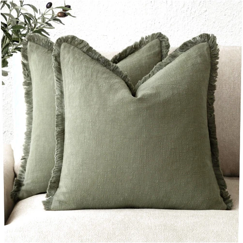 Foindtower Set of 2 Decorative Linen Fringe Throw Pillow Covers Cozy Boho Farmhouse Cushion Cover with Tassels Soft Accent Pillowcase for Couch Sofa Bed Living Room Home Decor,18×18 Inch,Olive Green