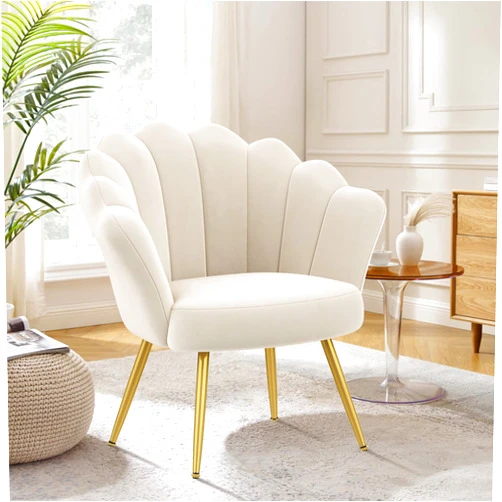 Alunaune Mid Century Velvet Living Room Chair Accent Chairs, Upholstered Vanity Chair for Makeup Room, Modern Barrel Arm Chair Guest Leisure Chair Comfy for Bedroom-Ivory