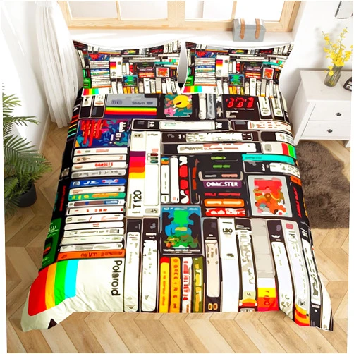 Feelyou Vintage Cassette Bedding Set Queen Size, Music Record Player Duvet Cover for Boys Girls Colorful Audio Cassette Comforter Cover Retro Audio Bedspread Cover 3Pcs (No Comforter)