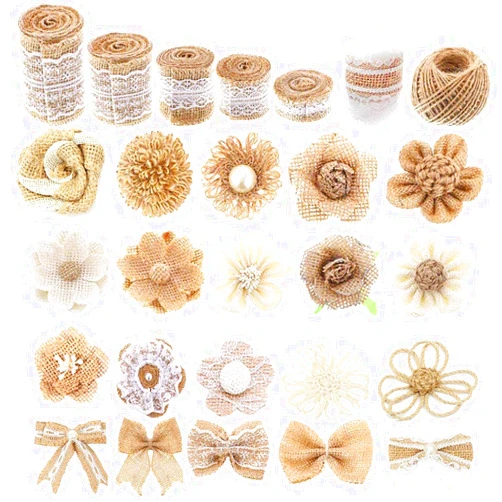 Fxkoolr 27PCS Burlap Flowers Set, Include 6 Lace Burlap Ribbon Rolls, 15 Natural Handmade Rustic Burlap Flowers, 5 Bowknots, 1 Twine Ribbon for Chrismas Wedding Party Decor Home Embellishment DIY Crafts