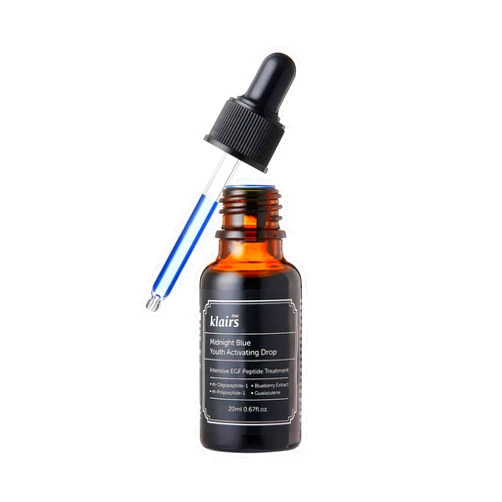 DearKlairs Midnight Blue Youth Activating Drop, 0.67 fl oz (20 ml) | Dual EGF, Peptides, Guaiazulene Adenosine, Night Serum, Watery, Light Texture