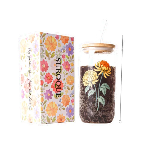 SUROQUE December Birth Month Flower Iced Coffee Glass Cup 16oz Custom Tumbler Birthday Gifts Personalized Gifts for Women, Teachers, Bridesmaids, Birthdays, Mom, Valentines